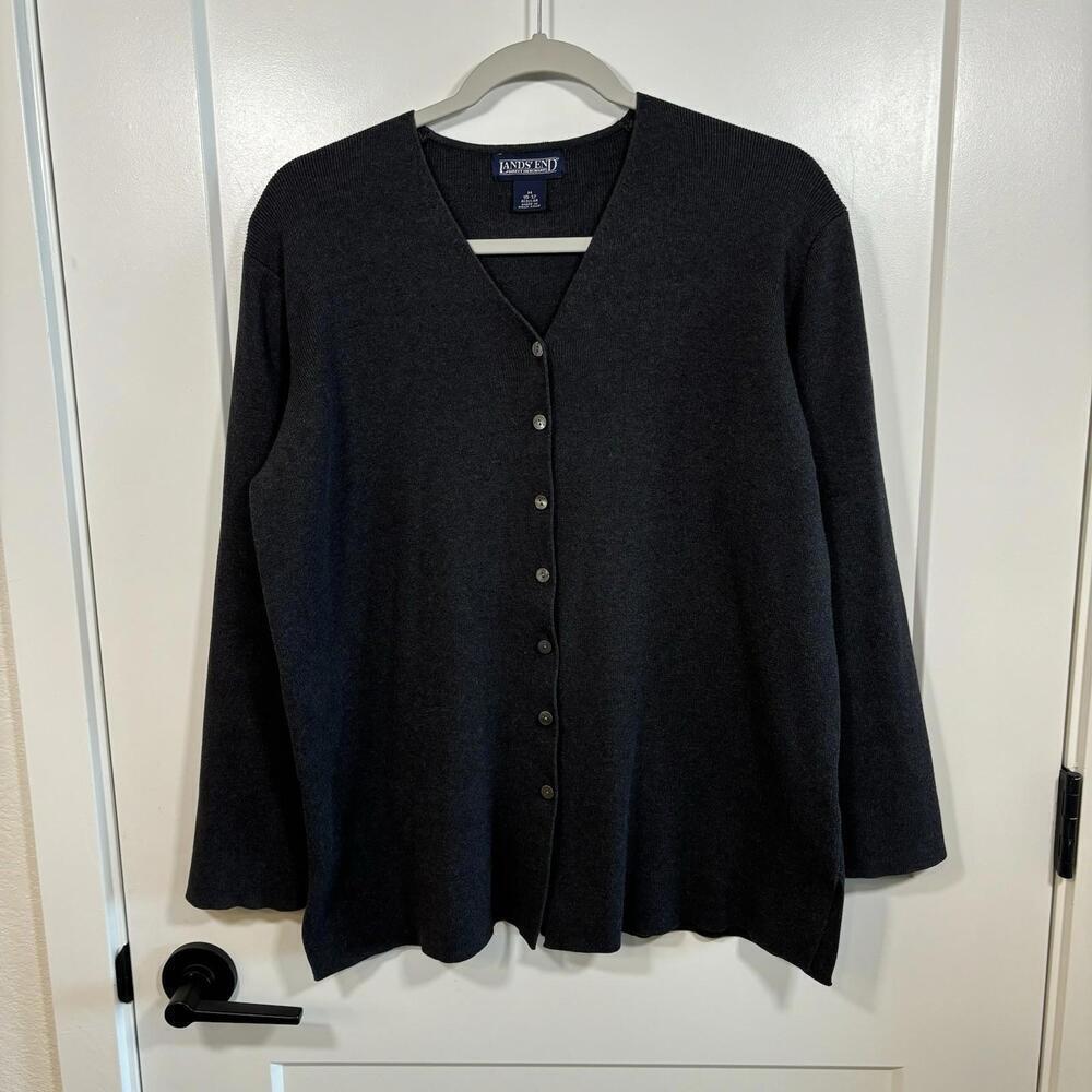 Vintage Lands End Grey Gray Cardigan Size Medium Preppy Nautical Old Money